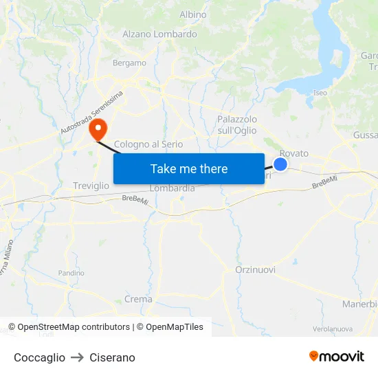 Coccaglio to Ciserano map