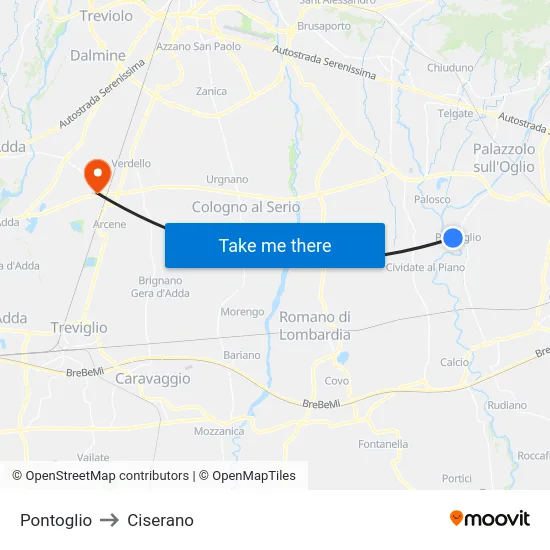 Pontoglio to Ciserano map