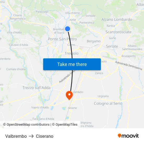 Valbrembo to Ciserano map