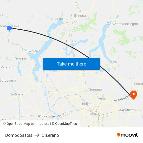 Domodossola to Ciserano map