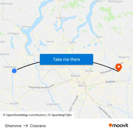 Ghemme to Ciserano map