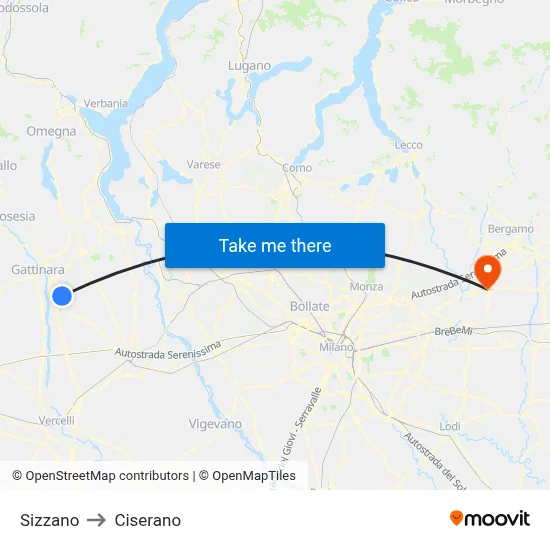 Sizzano to Ciserano map