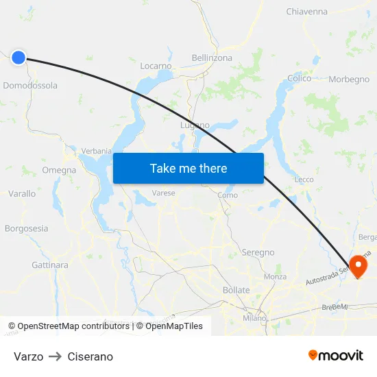 Varzo to Ciserano map