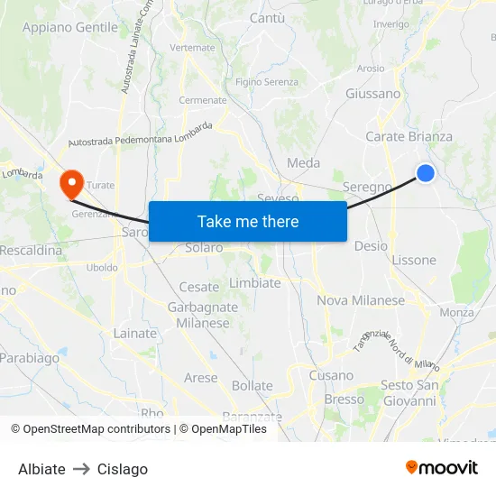 Albiate to Cislago map