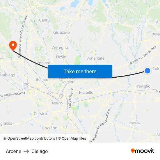 Arcene to Cislago map