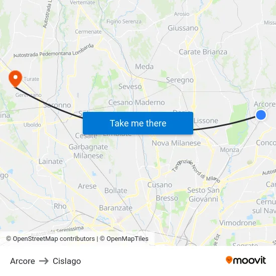 Arcore to Cislago map