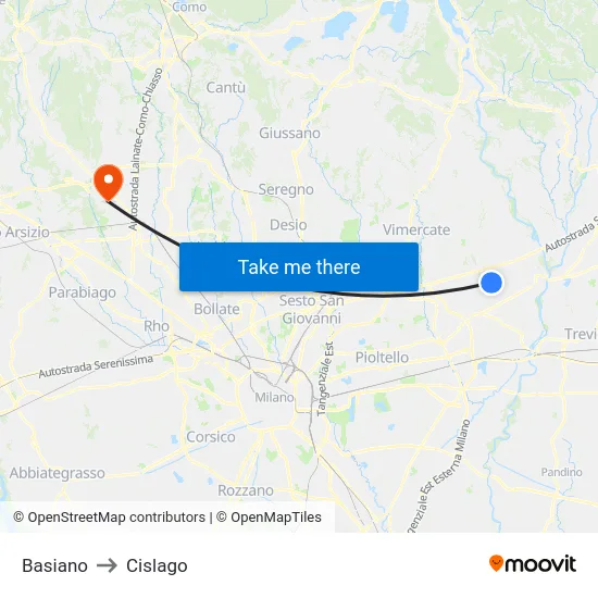 Basiano to Cislago map