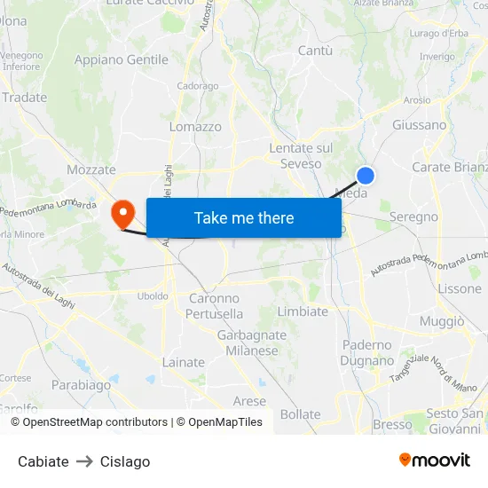 Cabiate to Cislago map