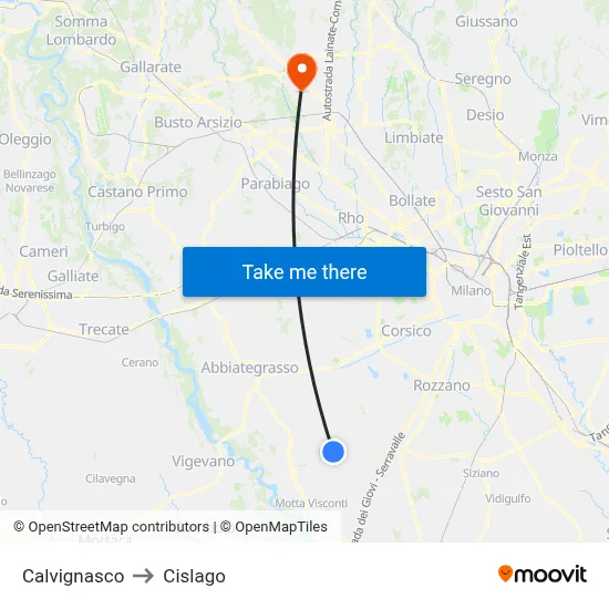 Calvignasco to Cislago map