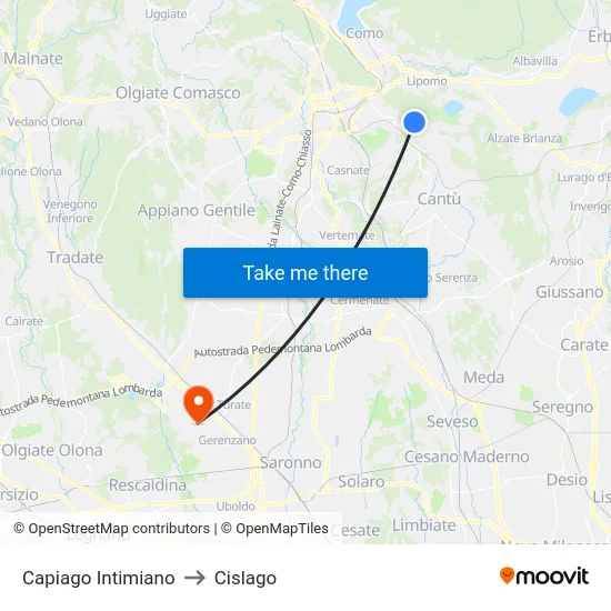 Capiago Intimiano to Cislago map