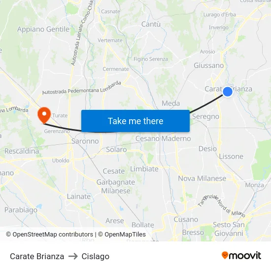 Carate Brianza to Cislago map
