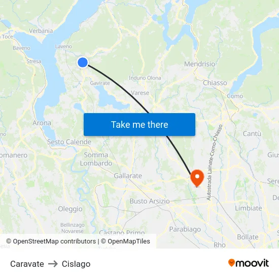 Caravate to Cislago map