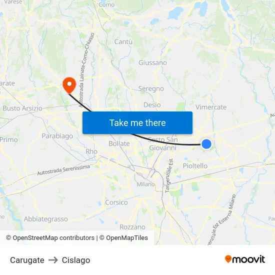Carugate to Cislago map