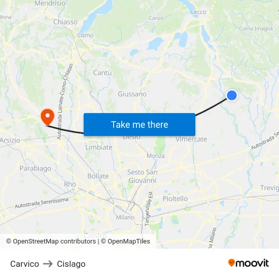Carvico to Cislago map