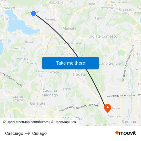 Casciago to Cislago map