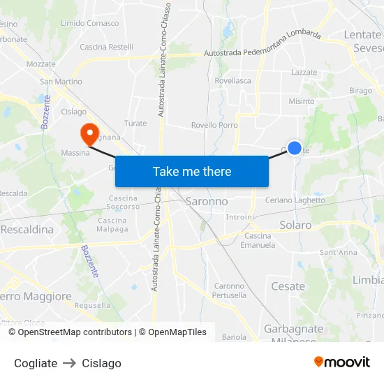 Cogliate to Cislago map