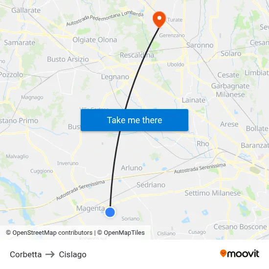 Corbetta to Cislago map