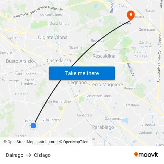 Dairago to Cislago map