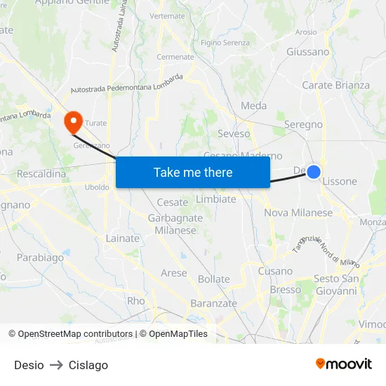 Desio to Cislago map