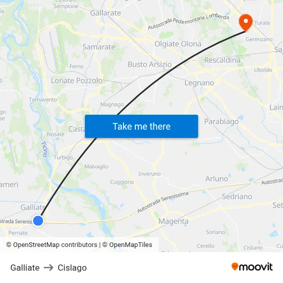 Galliate to Cislago map