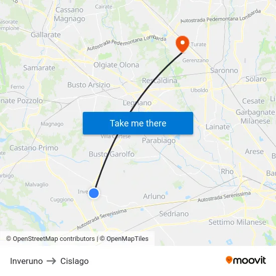 Inveruno to Cislago map