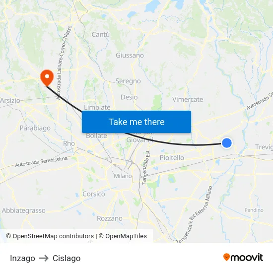 Inzago to Cislago map