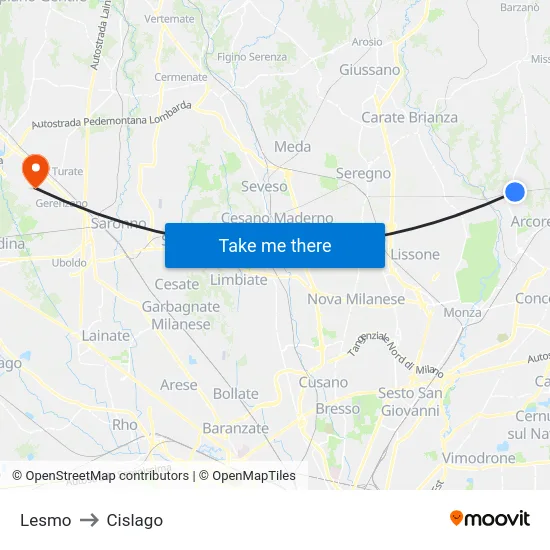 Lesmo to Cislago map