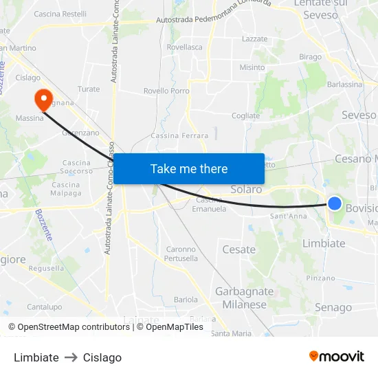 Limbiate to Cislago map