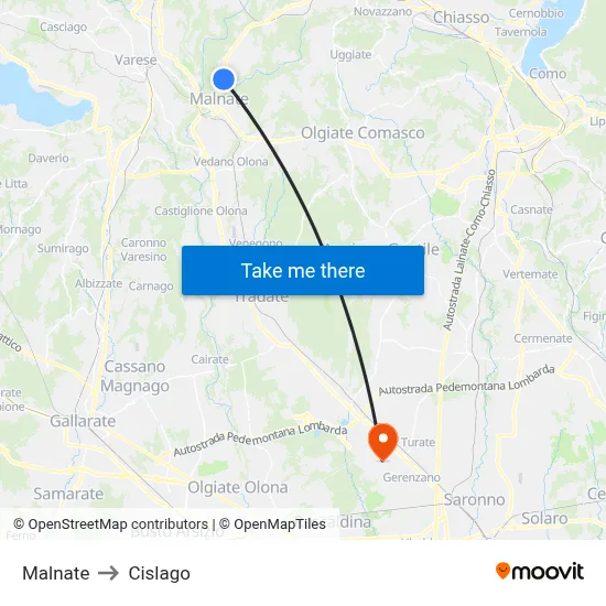 Malnate to Cislago map