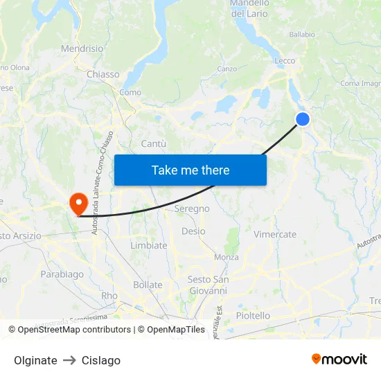 Olginate to Cislago map