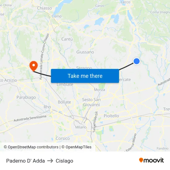 Paderno D' Adda to Cislago map
