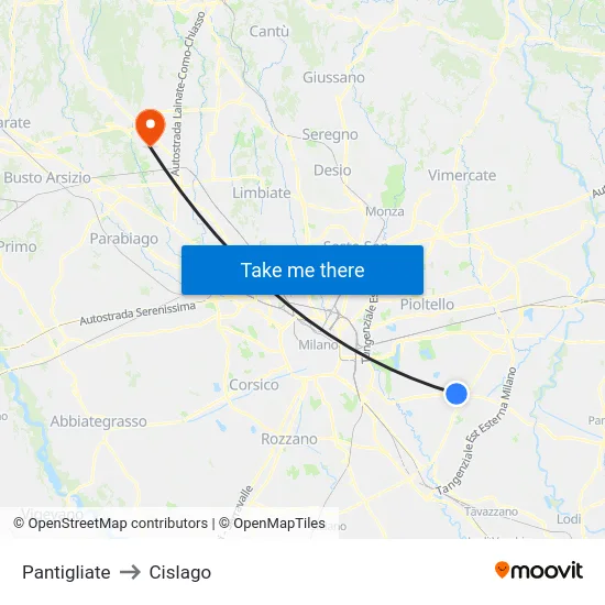 Pantigliate to Cislago map