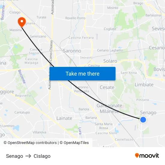 Senago to Cislago map