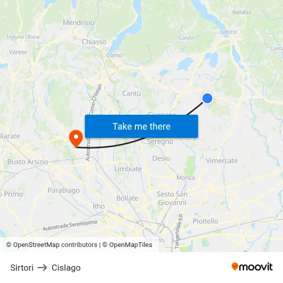 Sirtori to Cislago map