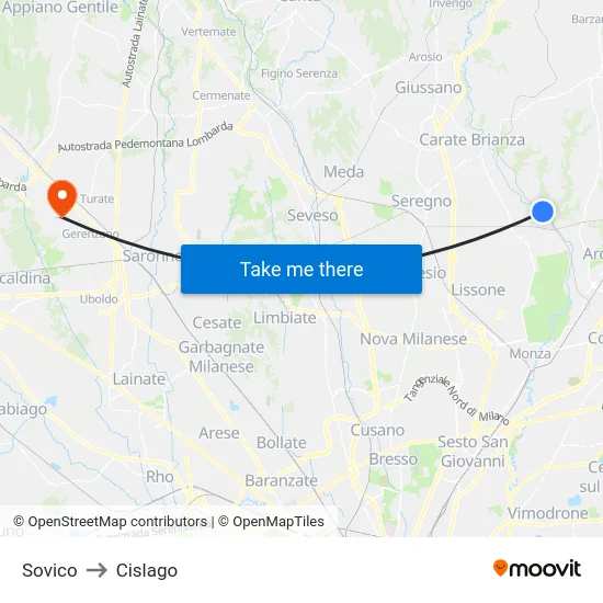Sovico to Cislago map
