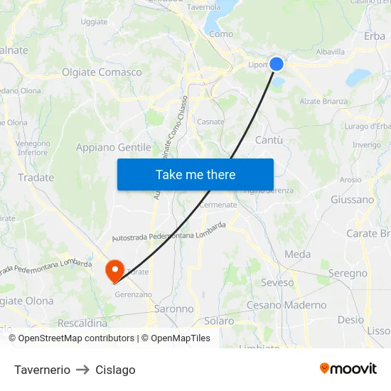 Tavernerio to Cislago map