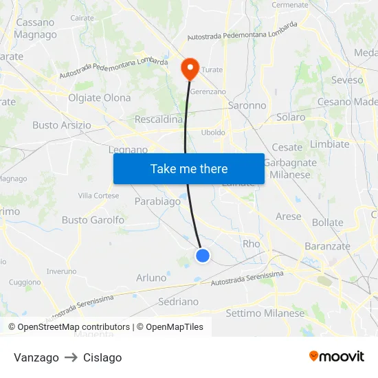 Vanzago to Cislago map