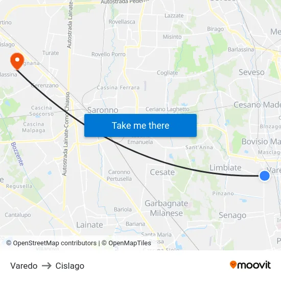 Varedo to Cislago map