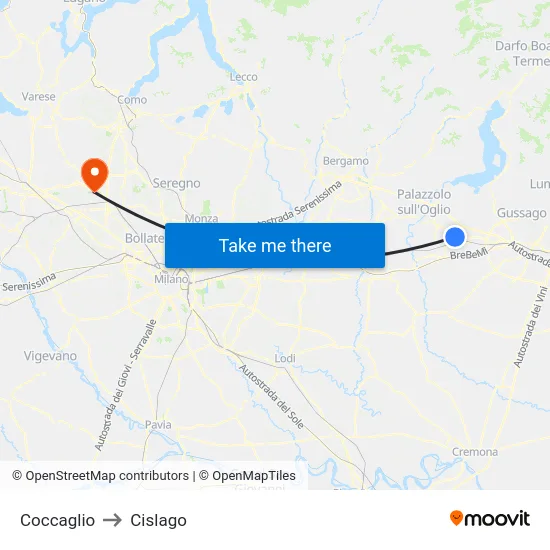 Coccaglio to Cislago map