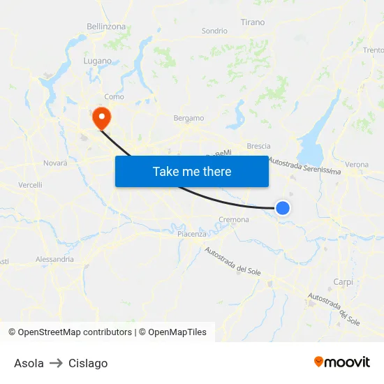 Asola to Cislago map