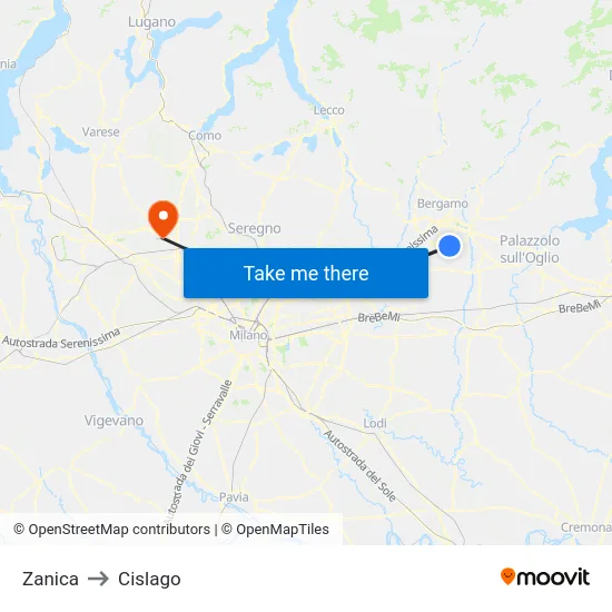 Zanica to Cislago map