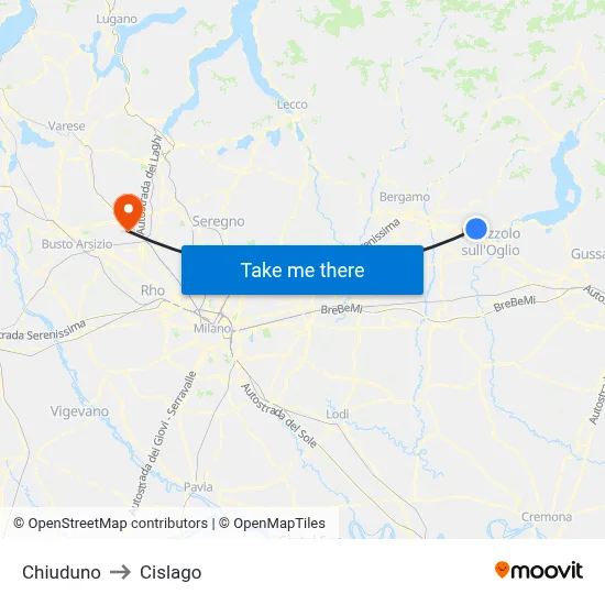 Chiuduno to Cislago map