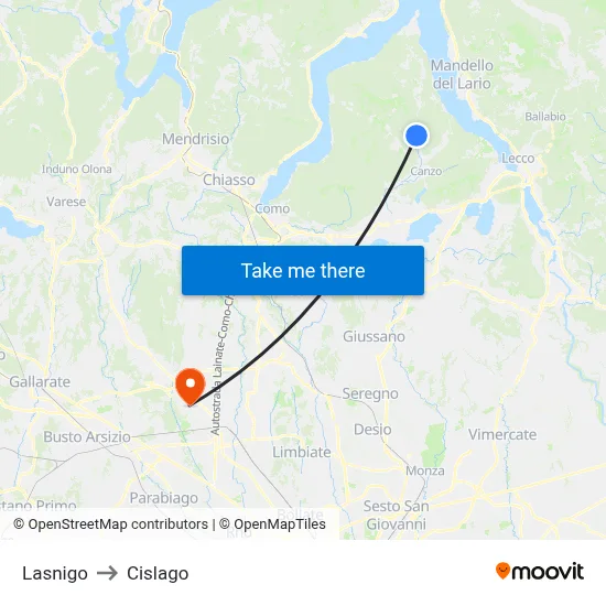 Lasnigo to Cislago map