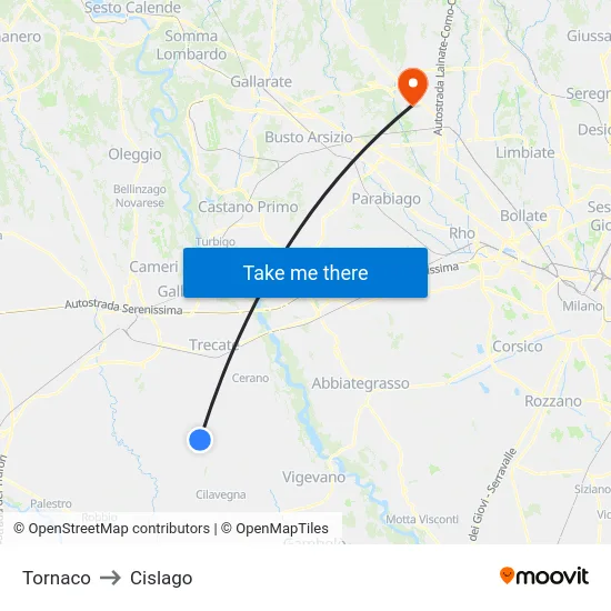 Tornaco to Cislago map