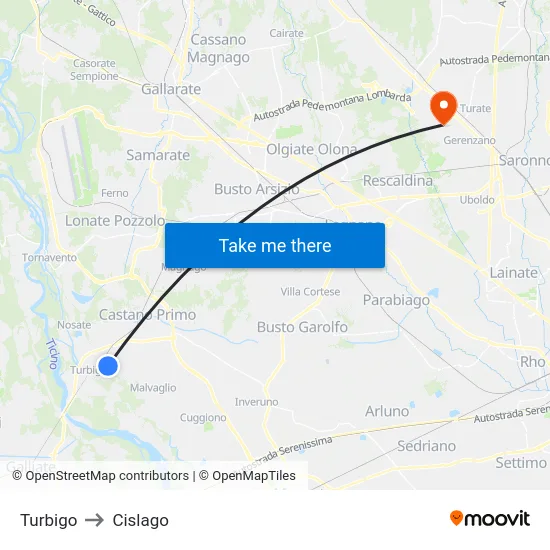 Turbigo to Cislago map