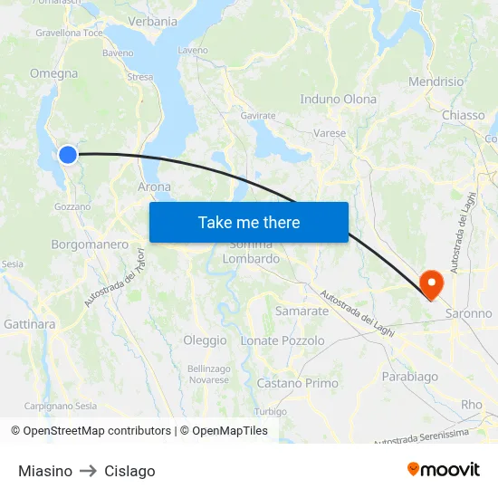Miasino to Cislago map