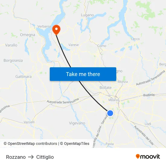 Rozzano to Cittiglio map