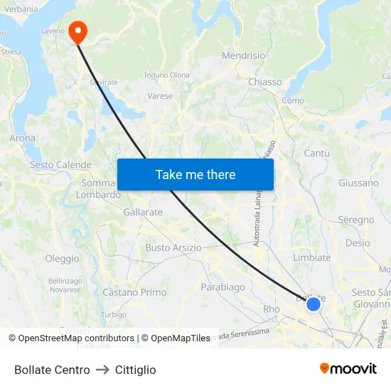 Bollate Centro to Cittiglio map