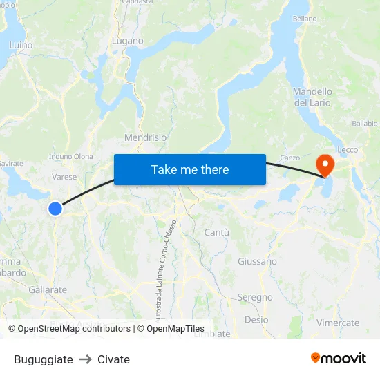 Buguggiate to Civate map