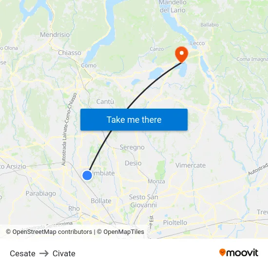 Cesate to Civate map